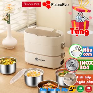 Hộp cơm cắm điện, FutureEvo cao cấp 2 tầng 3 khay inox nấu cơm nấu thức ăn và hâm nóng Tặng Full quà